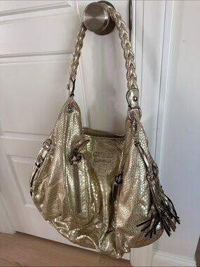 GUESS Metallic Gold Snake-Embossed Braided-Handle Shoulder Bag